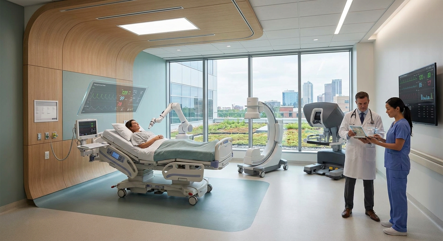 A modern hospital room with advanced medical equipment.