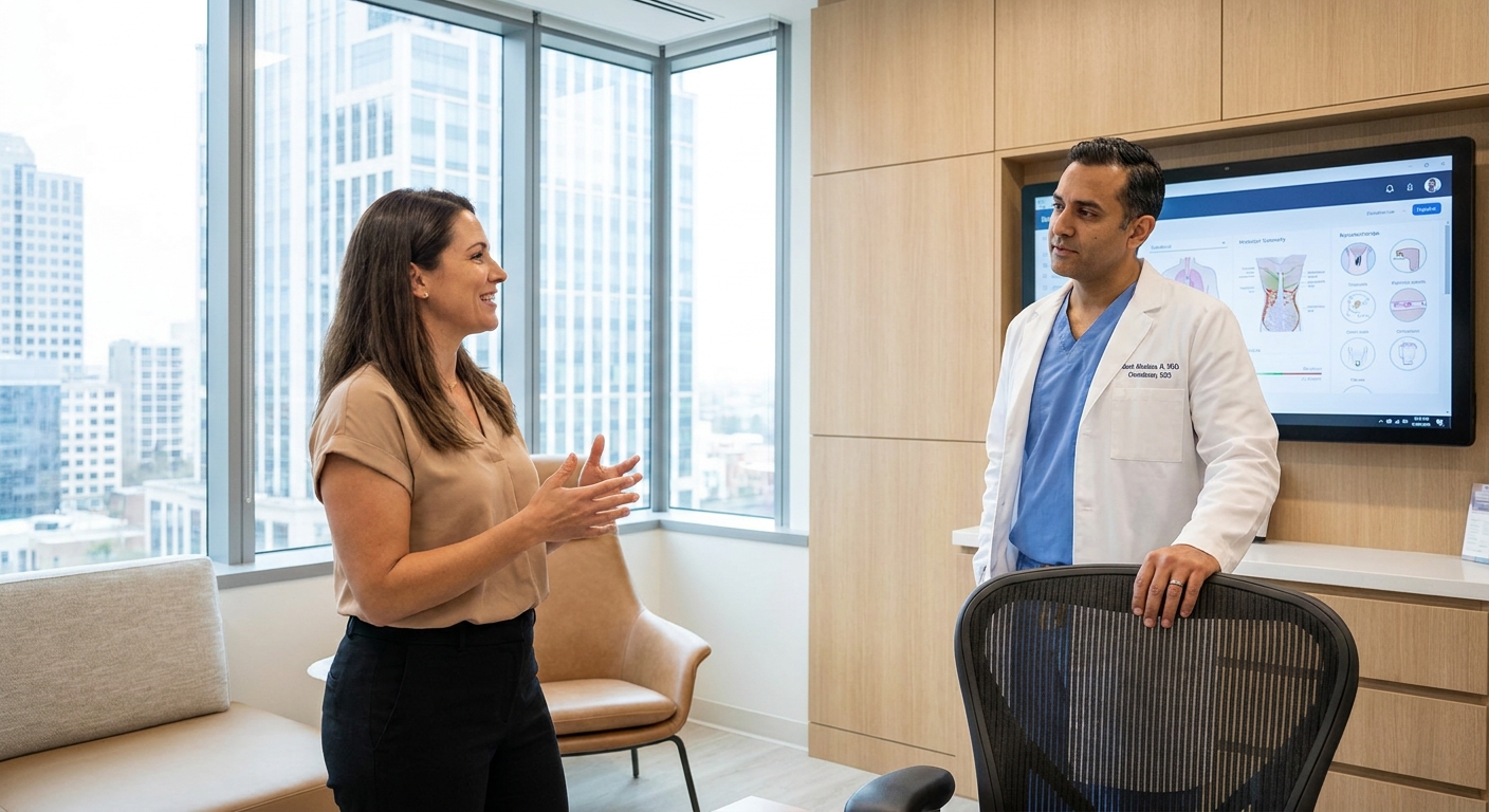 A patient speaking confidently with their doctor in a modern consultation room.