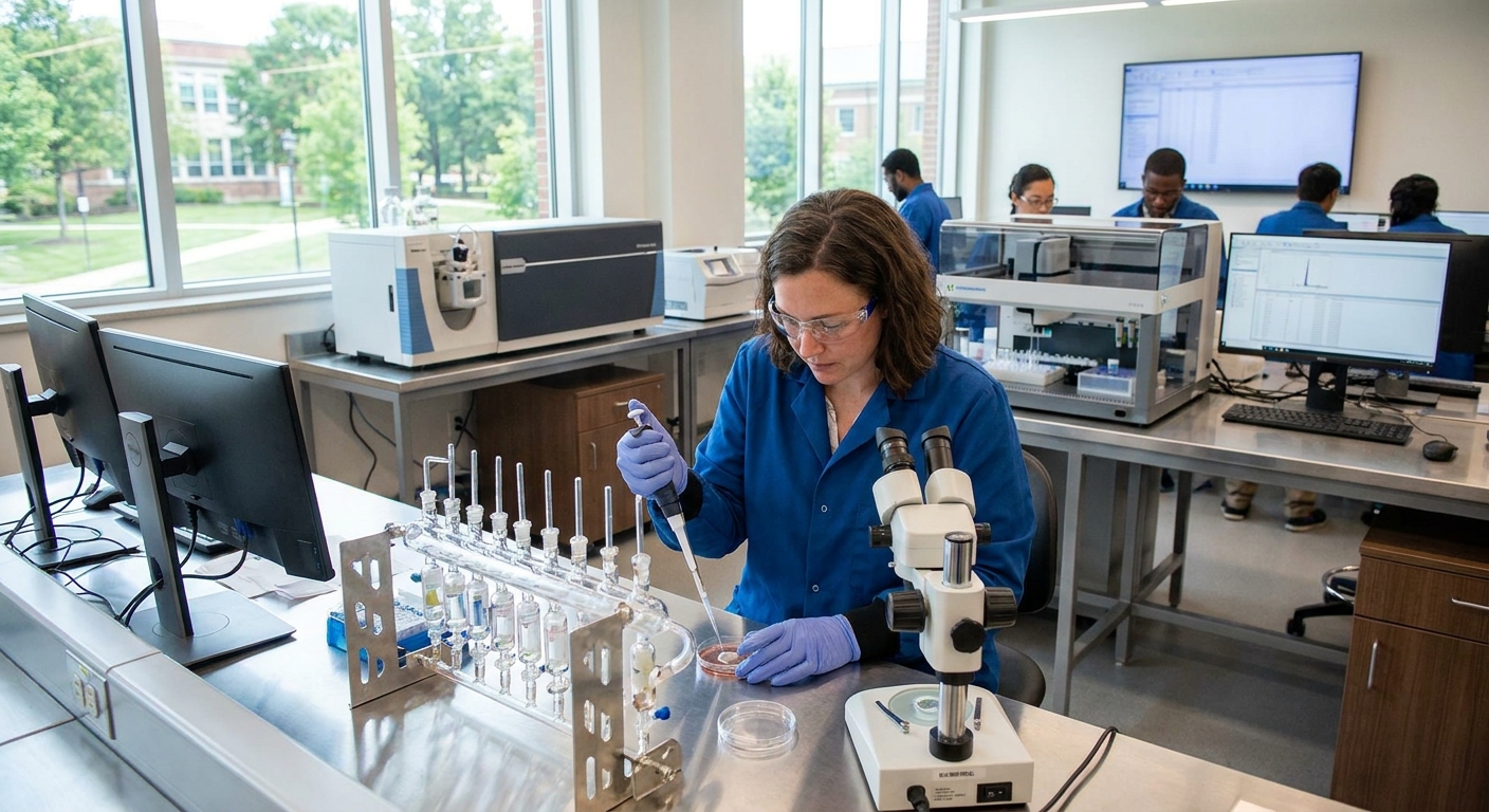 A scientist carefully working in a modern laboratory.