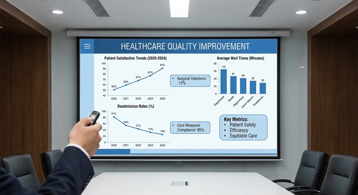 A slide showing graphs and data on healthcare quality improvement.