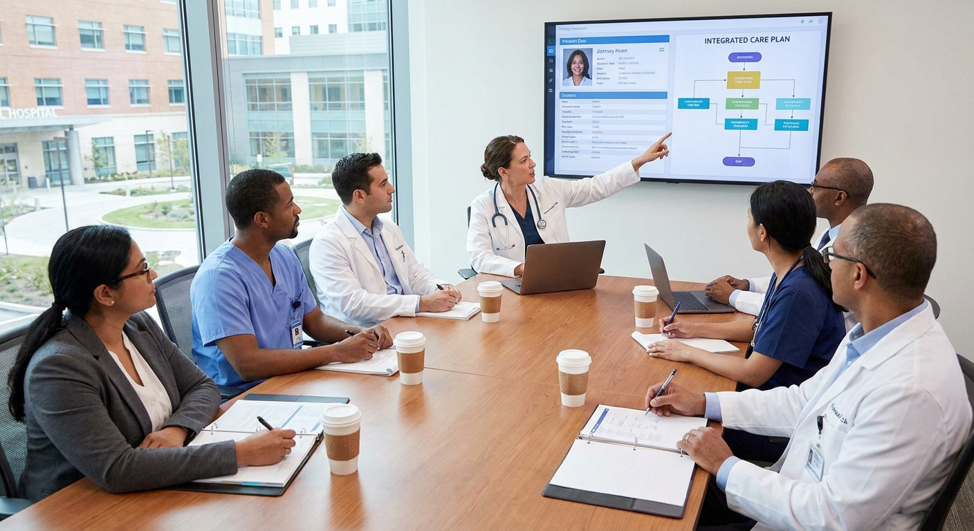 A team of healthcare professionals in a meeting, discussing patient care strategies.