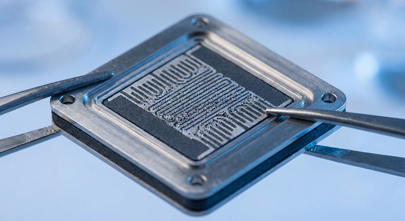 Close-up of a hydrogen fuel cell component.