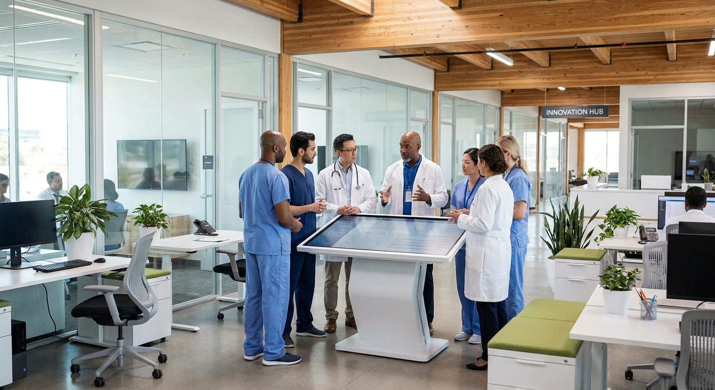 Healthcare professionals collaborating in a modern facility.