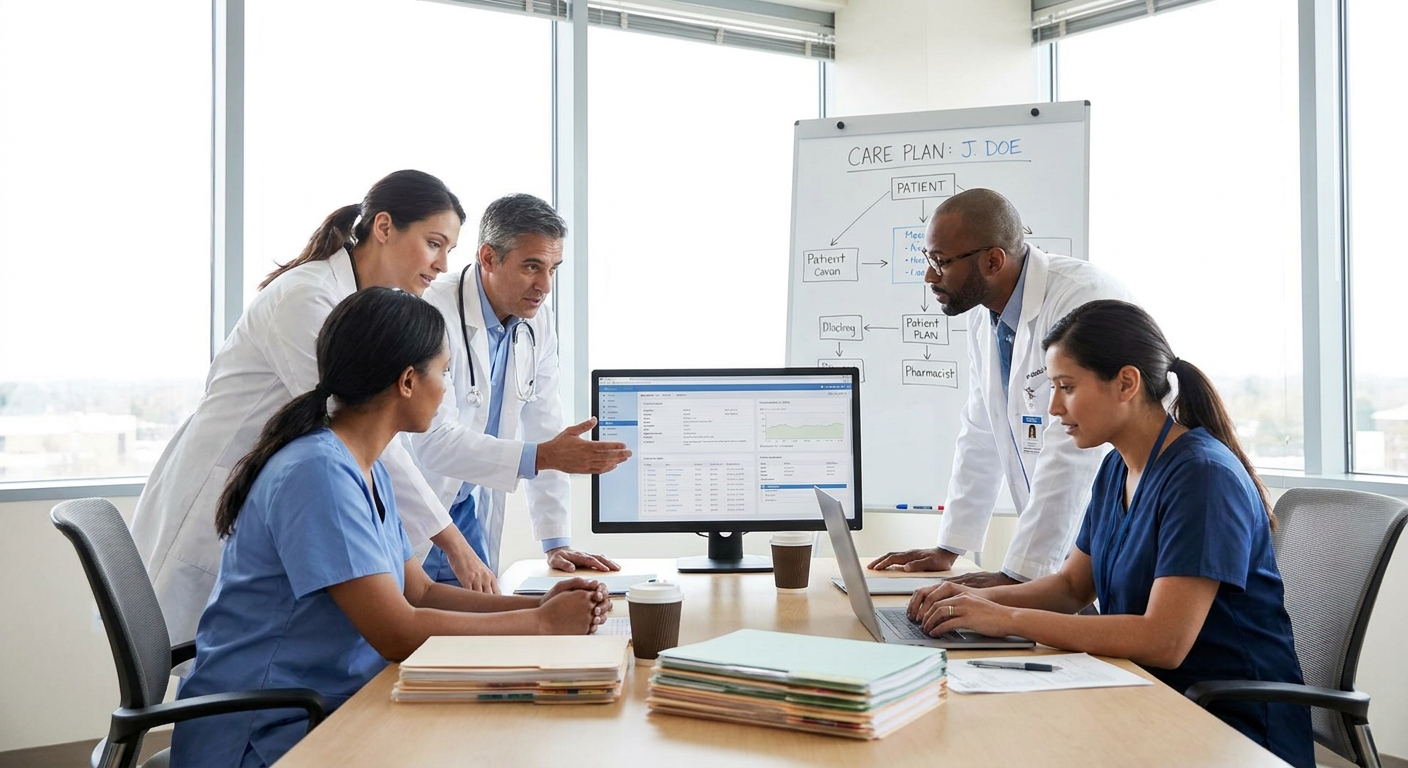Healthcare professionals collaborating on a patient's care plan.