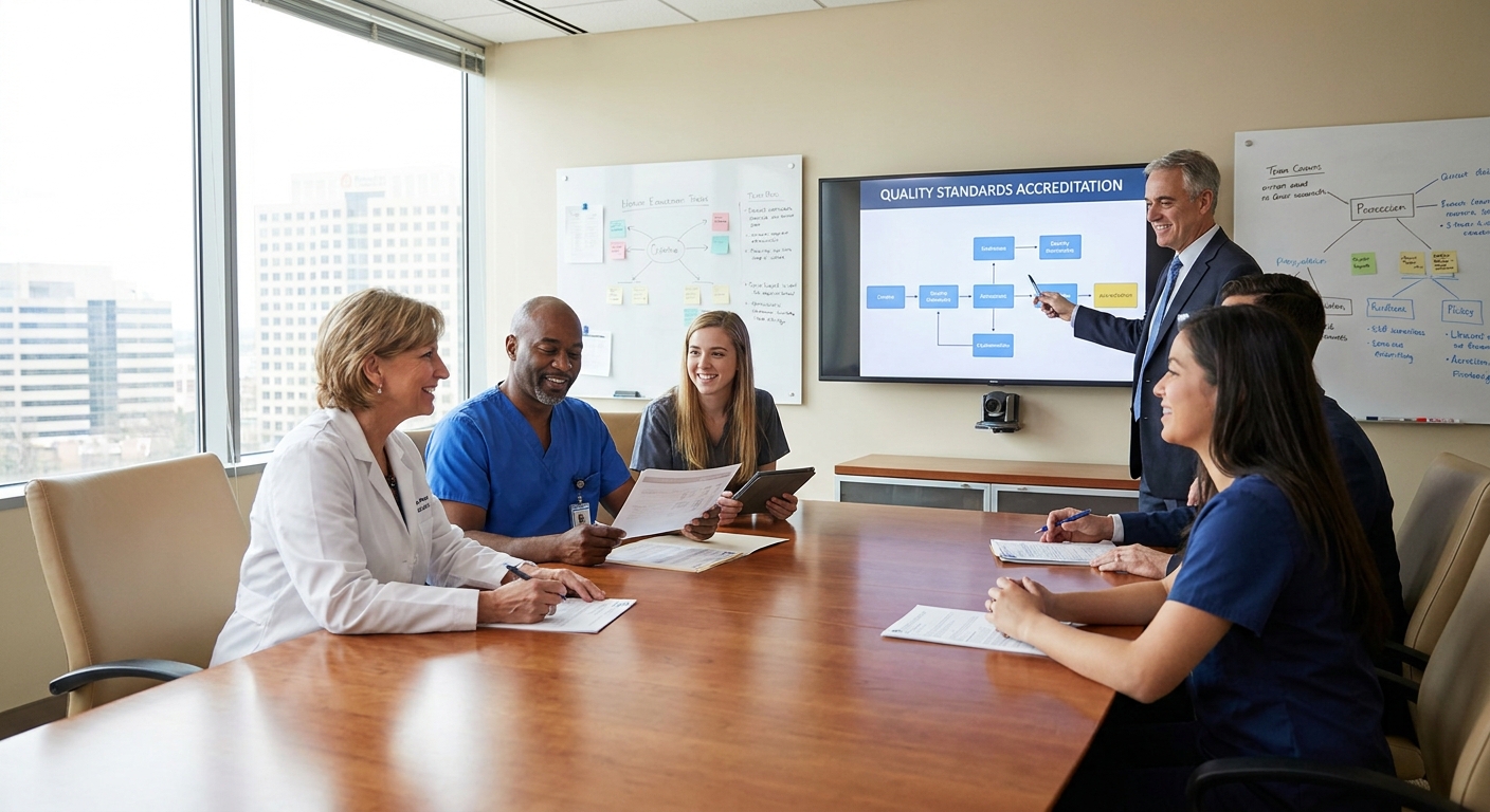 Healthcare professionals collaborating to ensure quality standards are met.