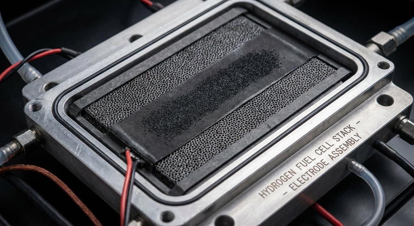 A close-up of a hydrogen fuel cell component, highlighting the technology.