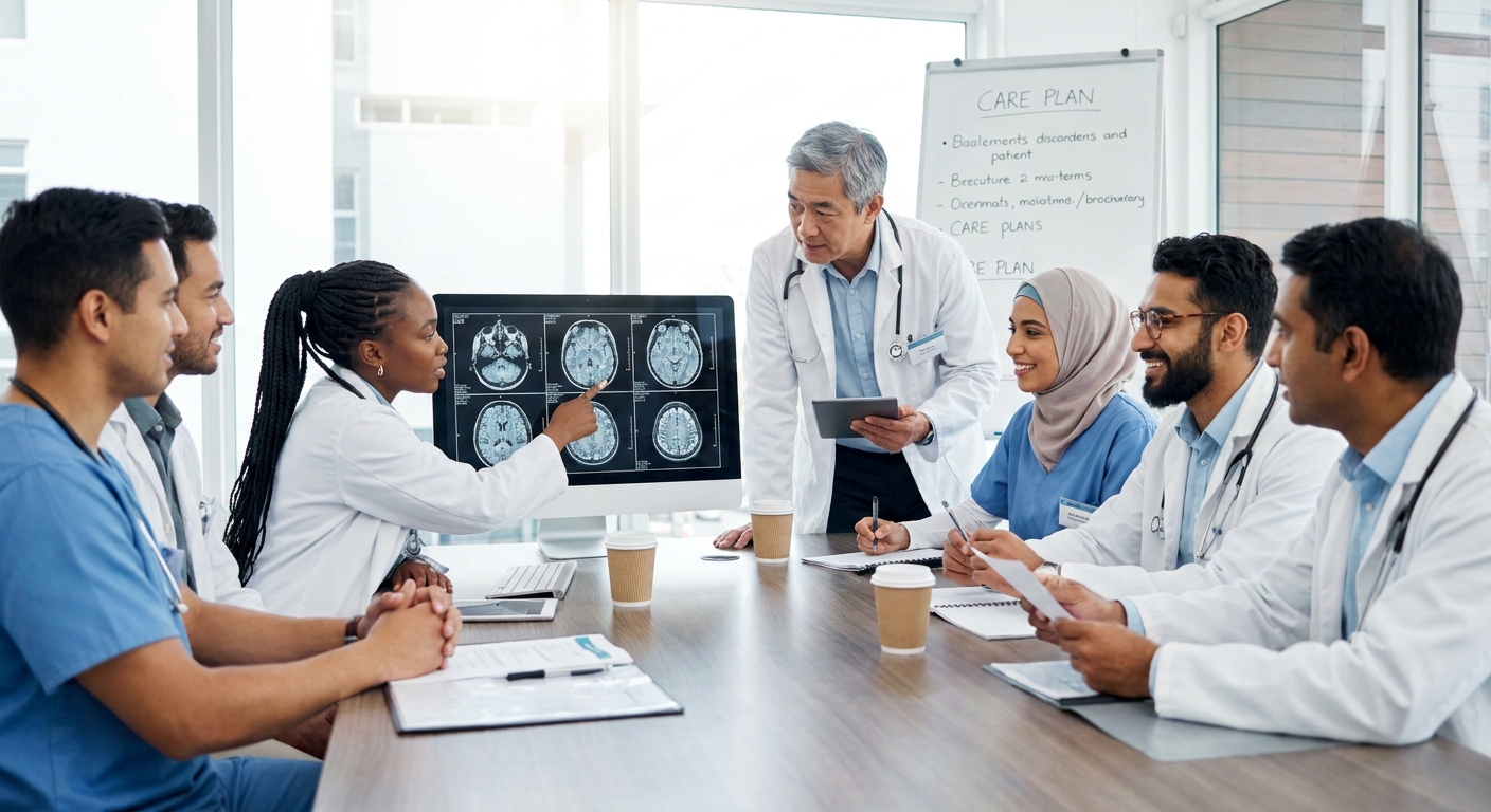 A diverse team of medical professionals collaborating on a patient's care plan.