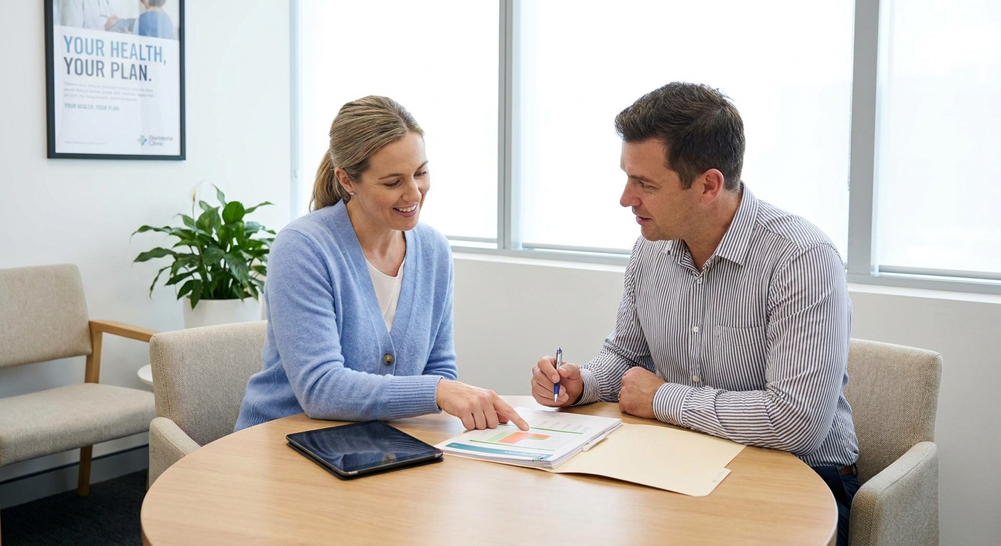 A doctor discusses a health plan with a patient, demonstrating patient-centric care.