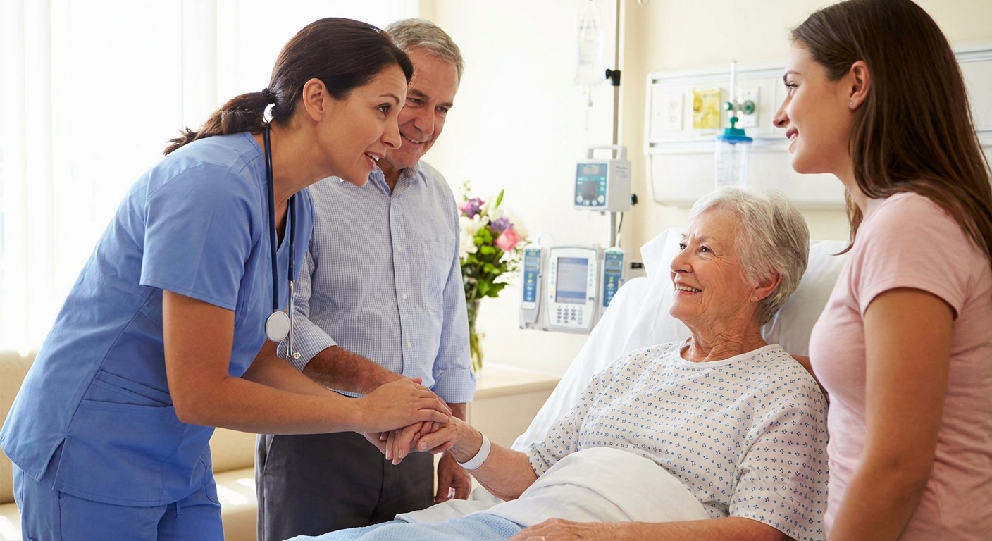 A doctor reassuring a patient and their family.