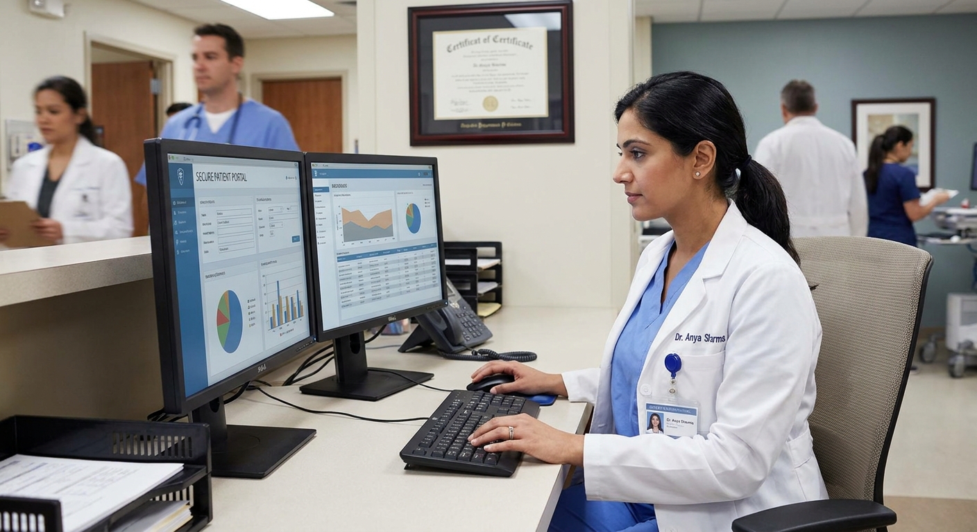 A doctor updating patient records on a secure hospital computer system.