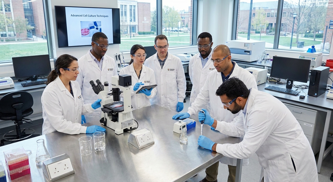 A group of professionals in a laboratory training session.