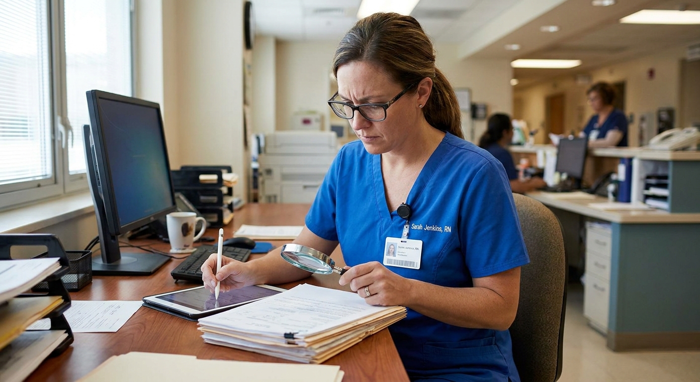 A healthcare professional carefully reviewing patient documentation to ensure accuracy.