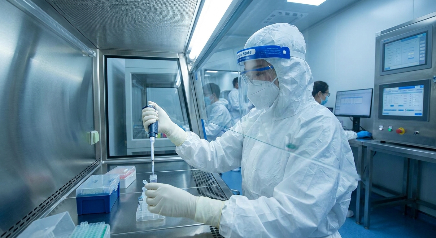 A laboratory technician carefully handling samples in a controlled environment.