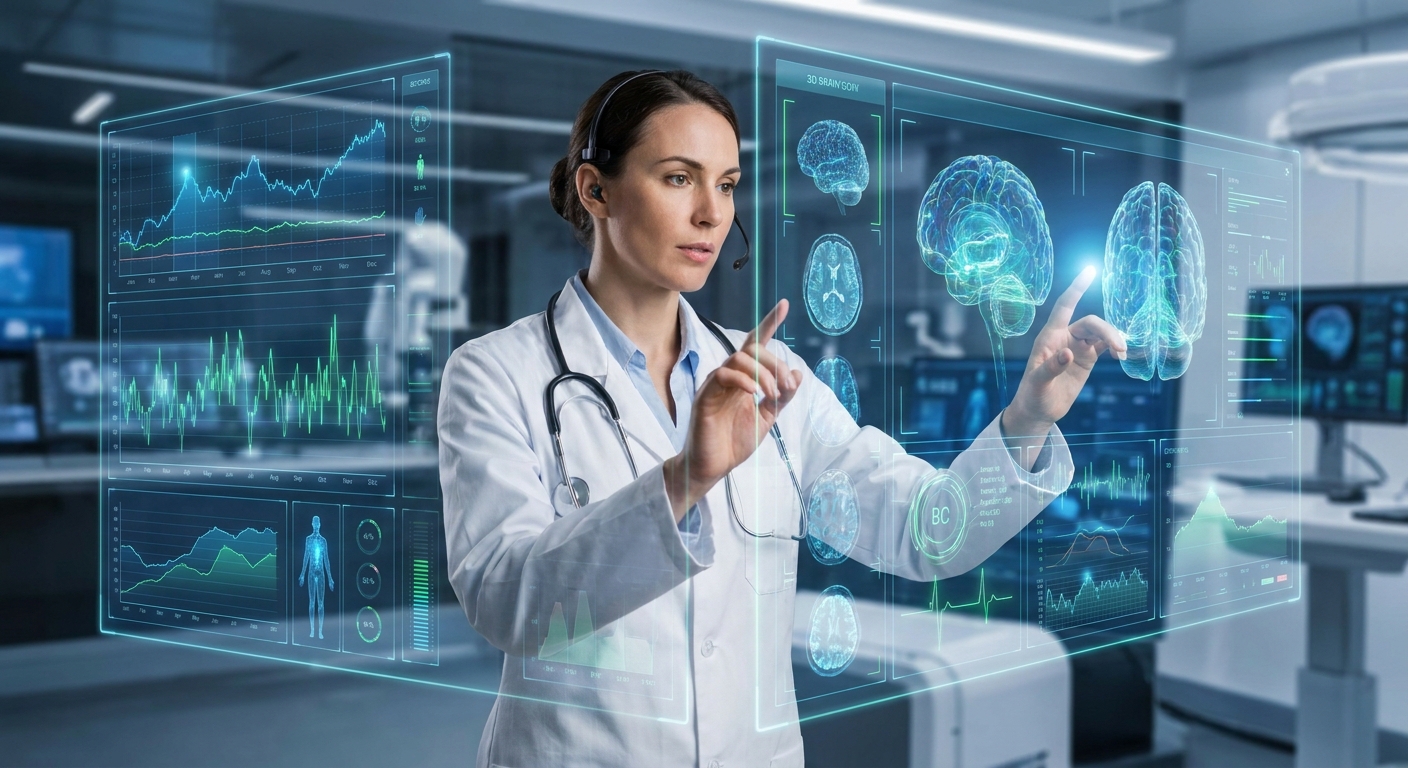 A medical professional examining data on a modern interface.