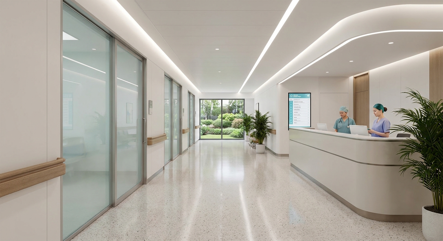 A modern and clean hospital corridor, reflecting high standards of care.