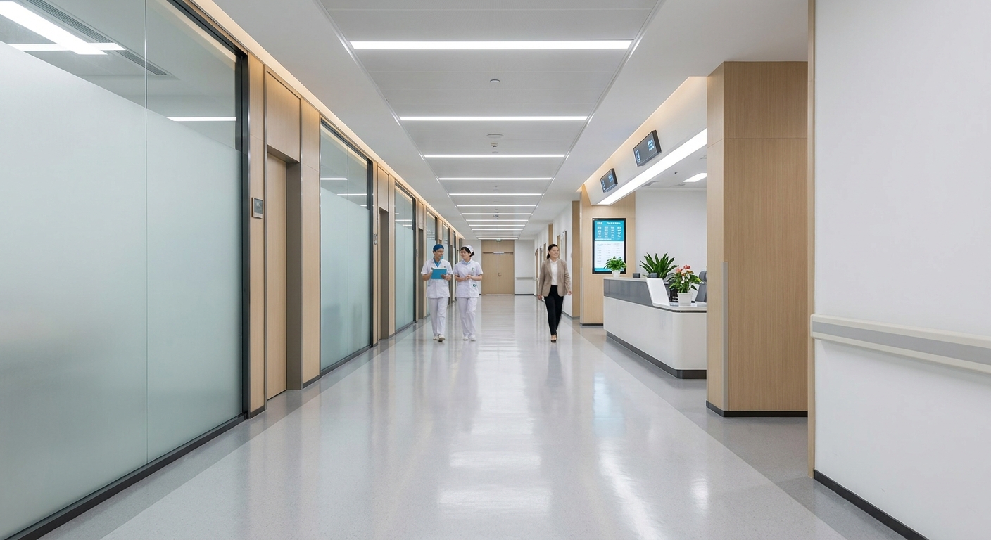 A modern and clean hospital corridor, reflecting high standards of maintenance.
