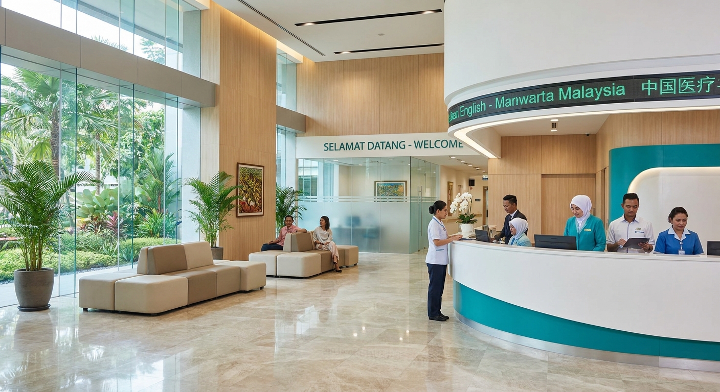 A modern, clean hospital reception area in Malaysia.
