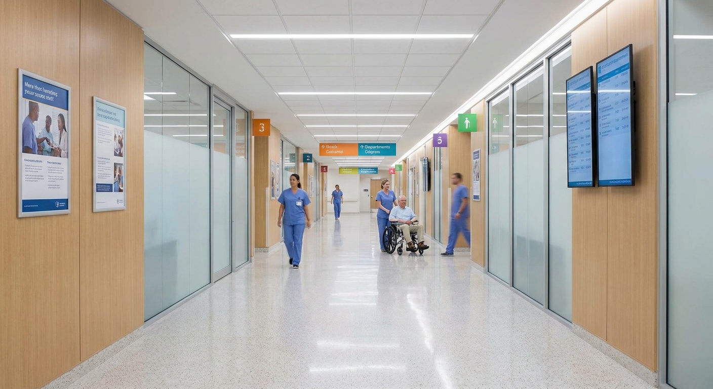 A modern hospital corridor, representing a clean and organised healthcare environment.