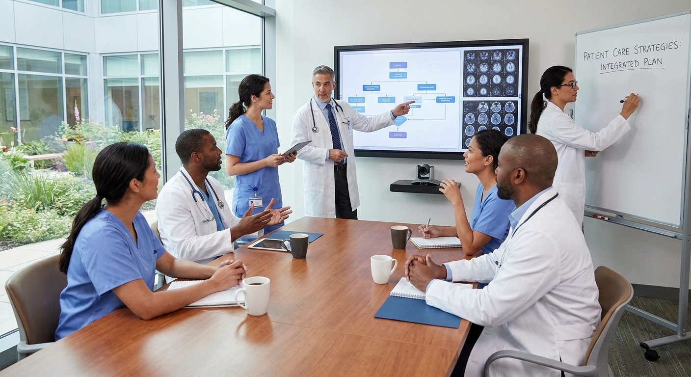 A team of healthcare professionals discussing patient care strategies.