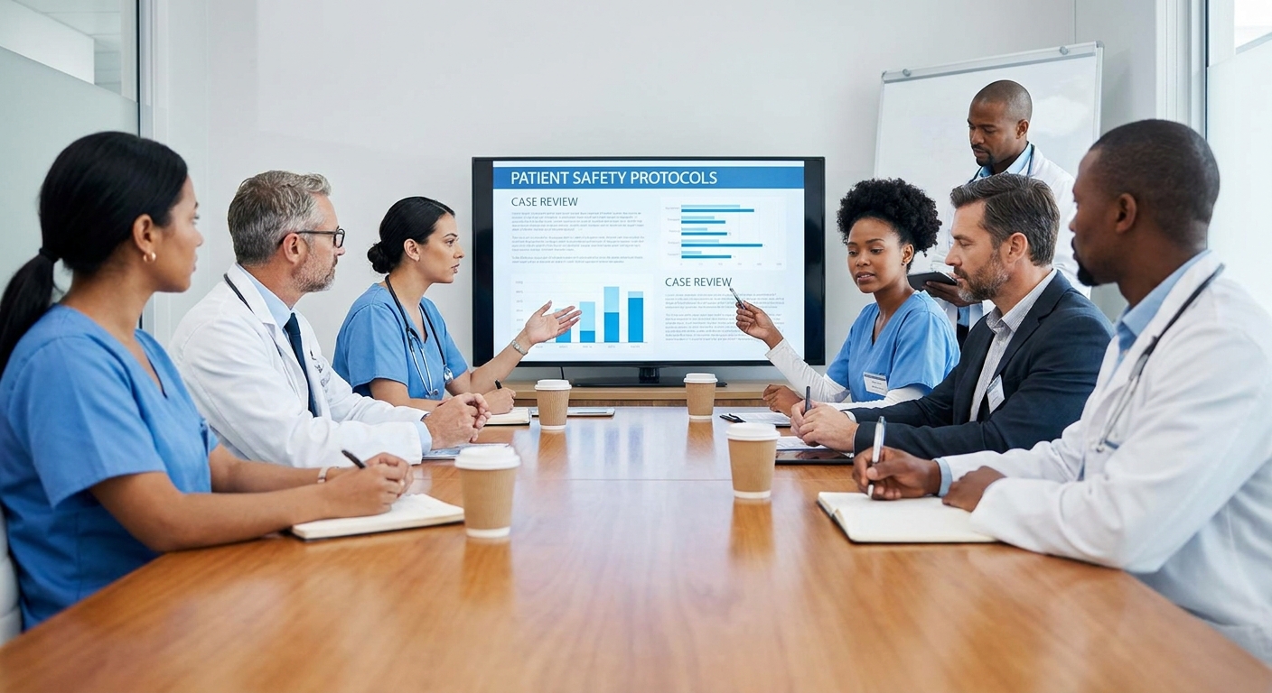 A team of medical professionals in a meeting, discussing patient care and safety protocols.