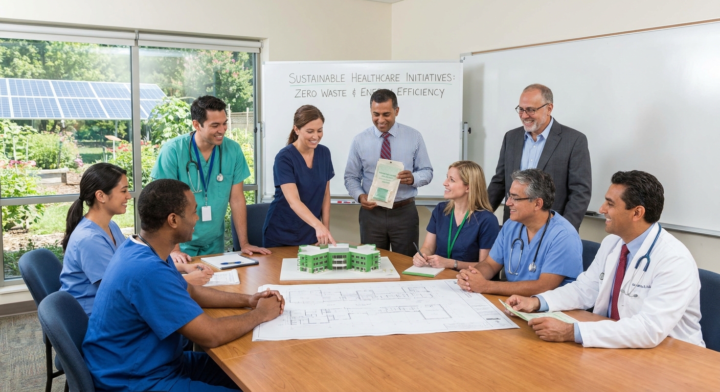 Healthcare professionals collaborating on new sustainable initiatives.