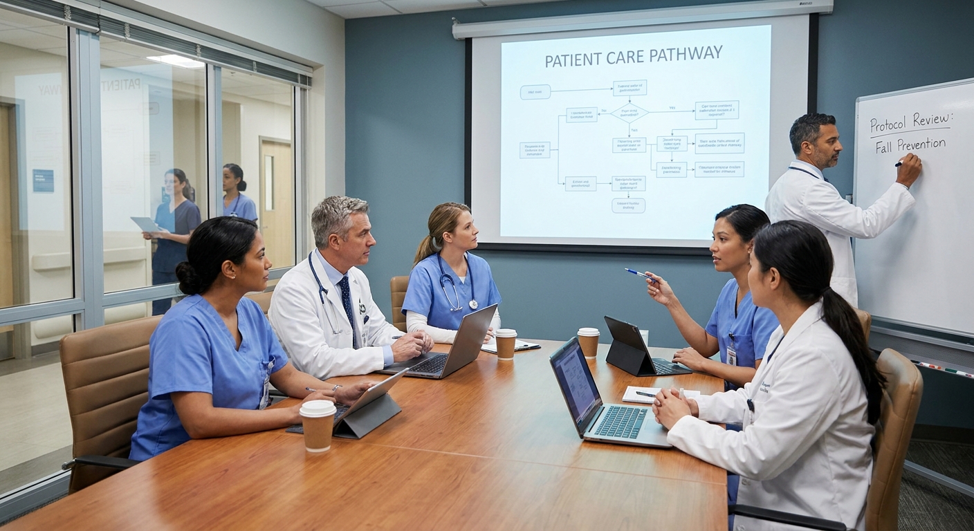 Healthcare professionals collaborating to enhance patient care protocols.