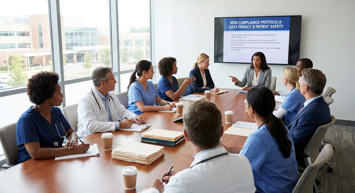 Healthcare professionals in a meeting, discussing new compliance protocols.