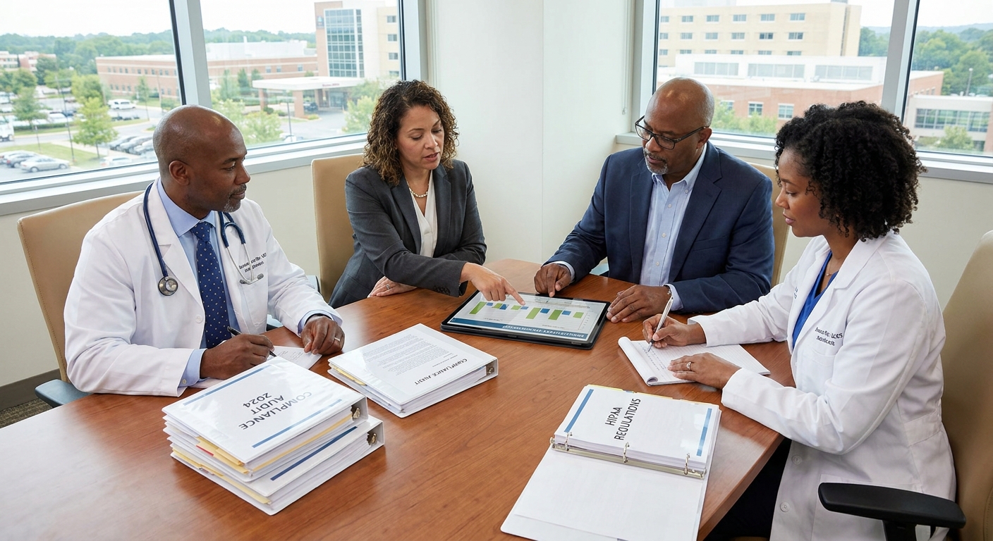 Healthcare professionals reviewing compliance documents.