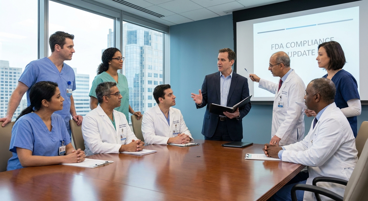 A group of medical professionals in a discussion with a regulatory representative.