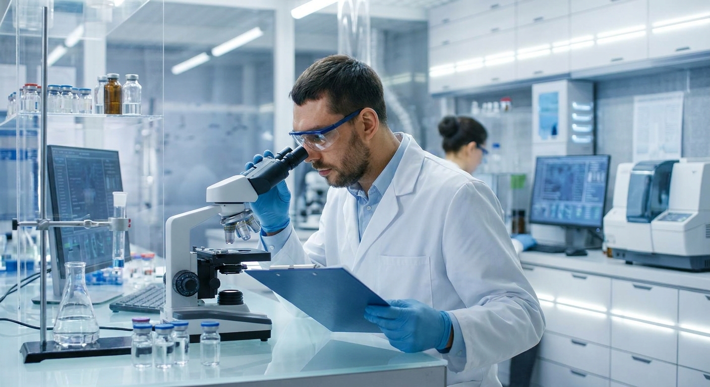 A medical professional conducting quality checks in a laboratory.