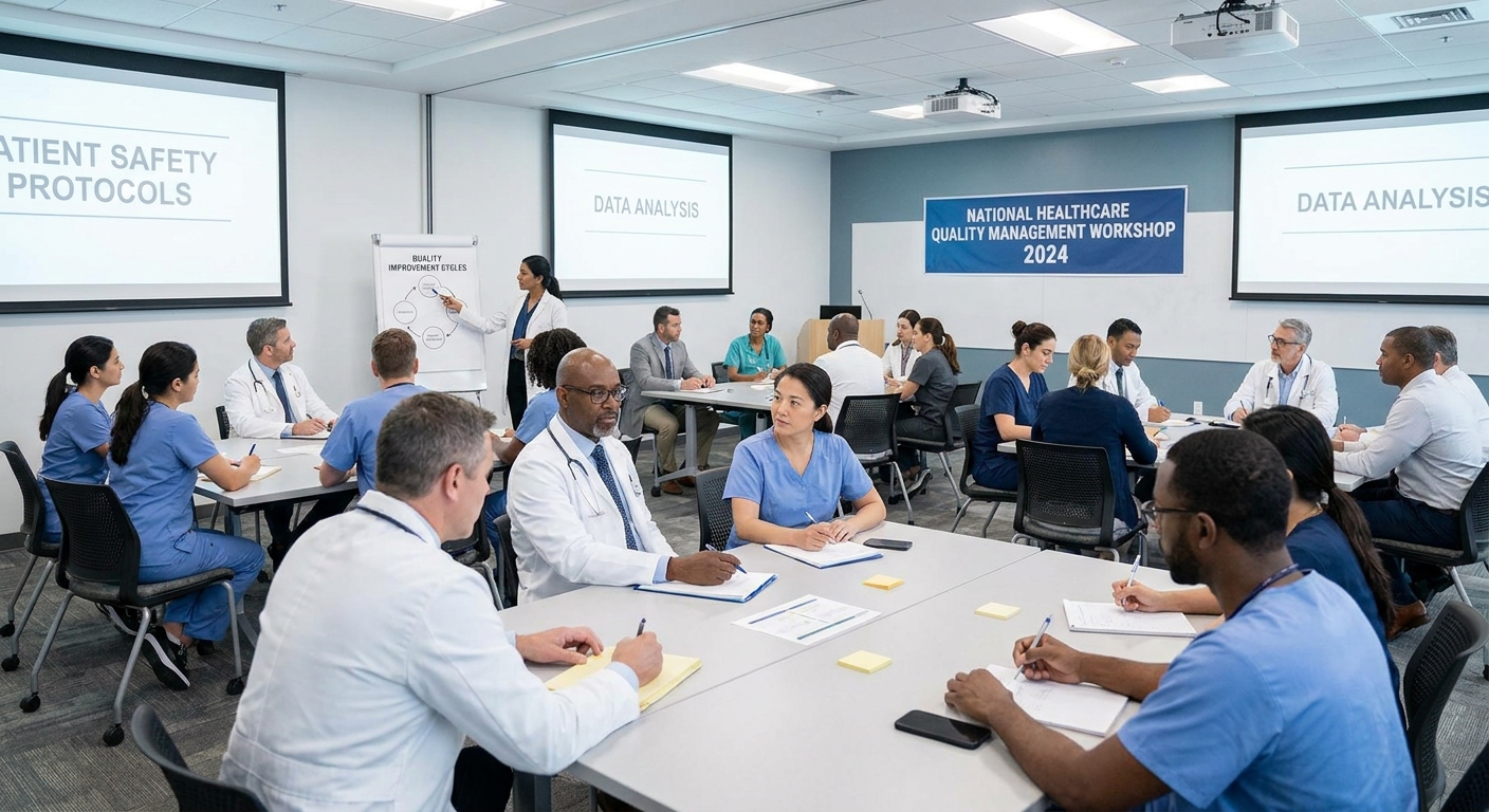 Healthcare professionals participating in a quality management workshop.
