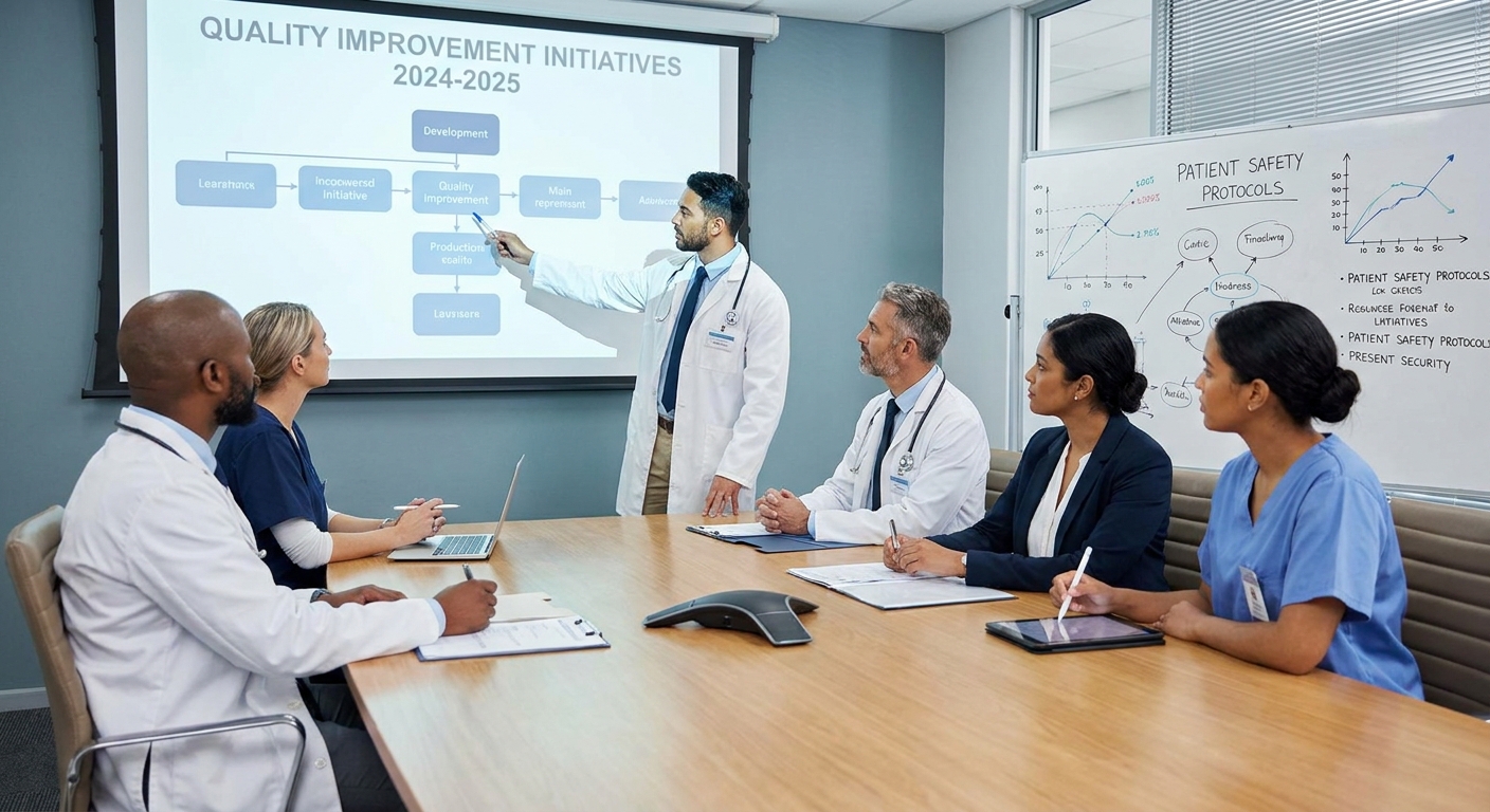 Medical professionals collaborating on a quality management strategy.