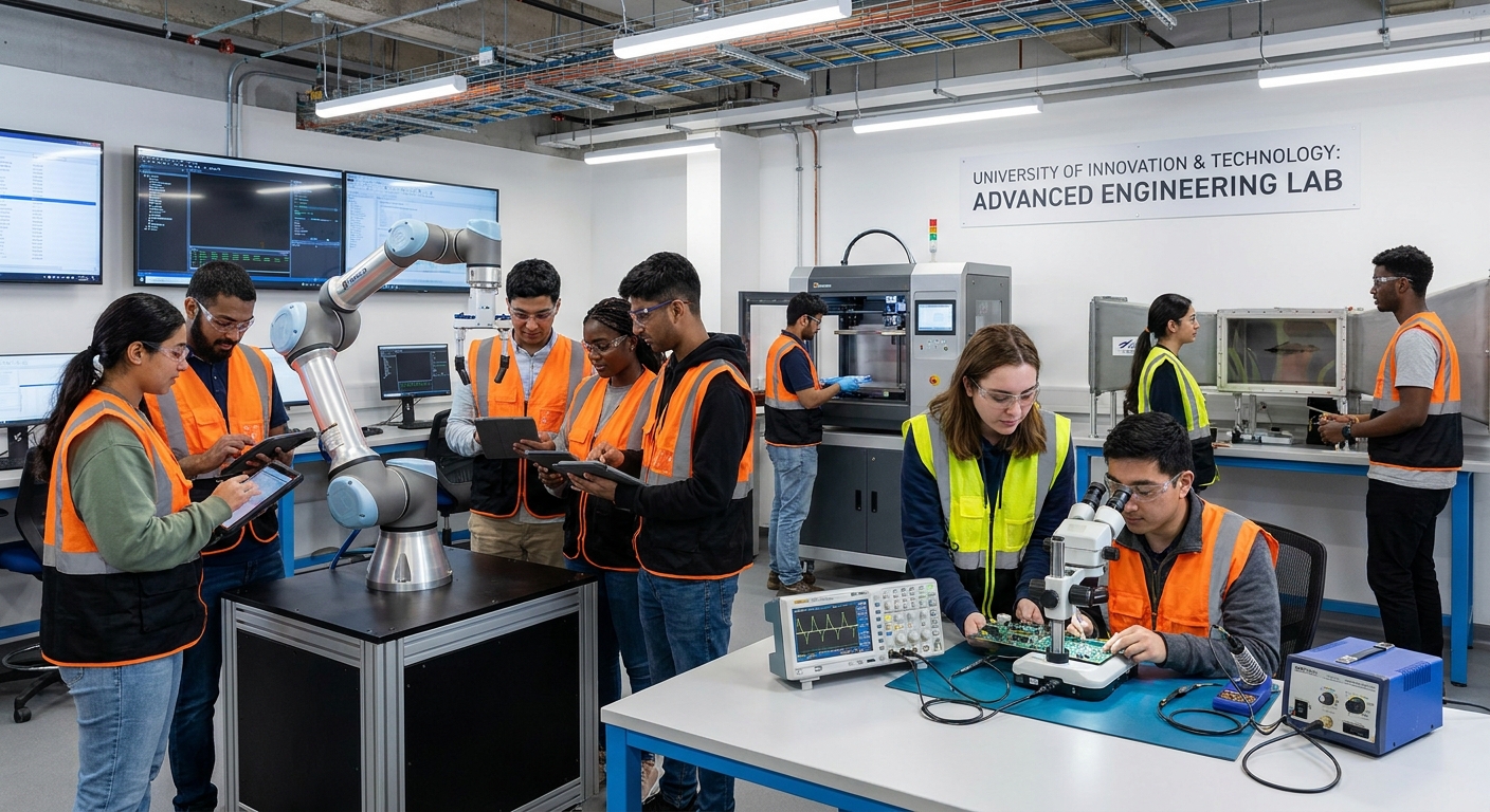 University students engaging in a practical session in a state-of-the-art engineering lab.